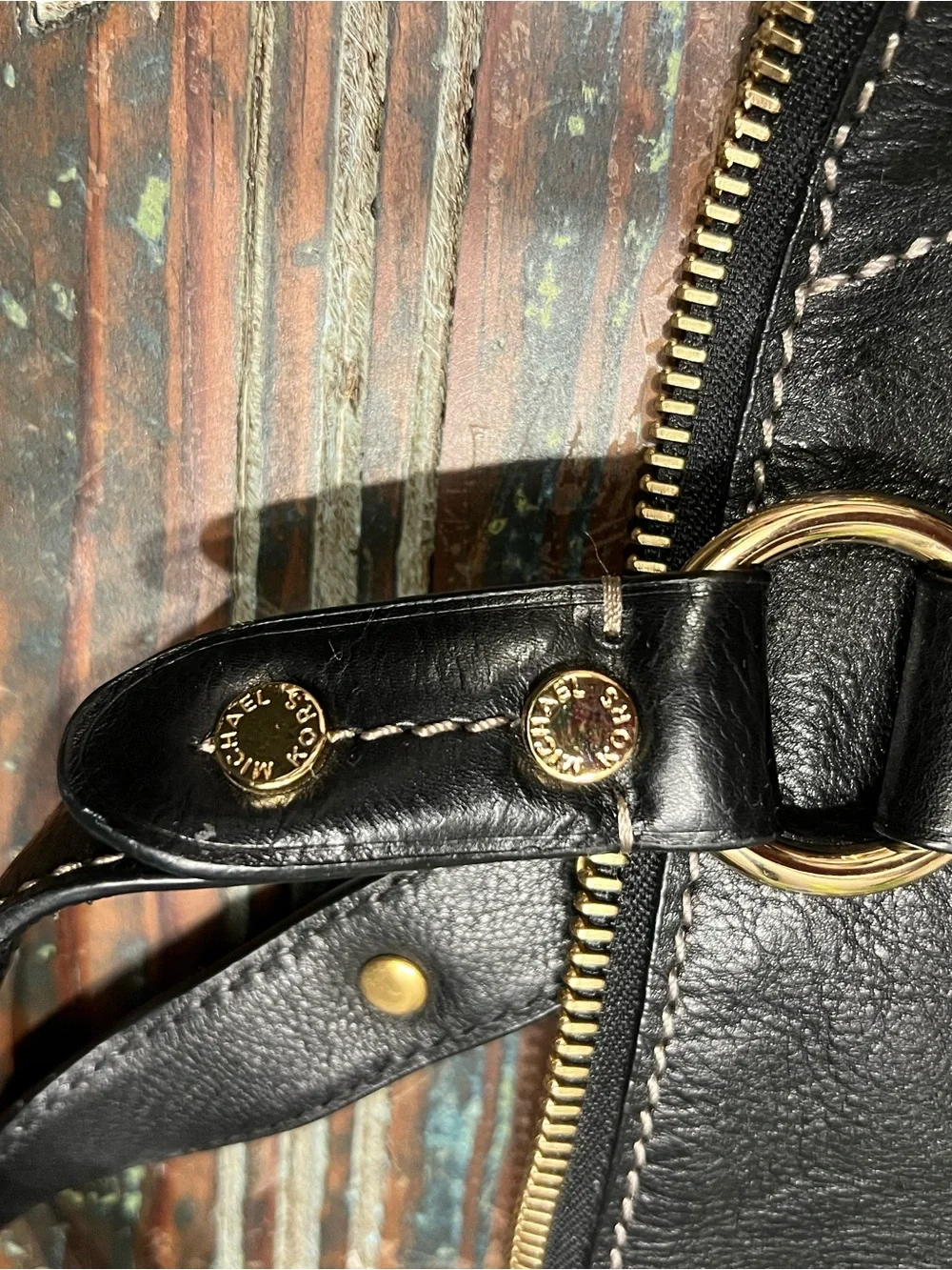 Michael Kors Black Leather Studded Shoulder Tote with Gold Chain